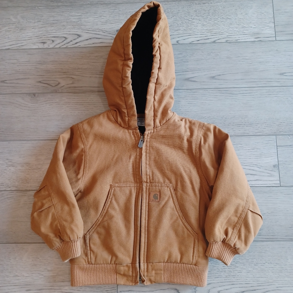 Carhartt Winter Coat Insulated Canvas Camel With Attatched Hood Size 3T